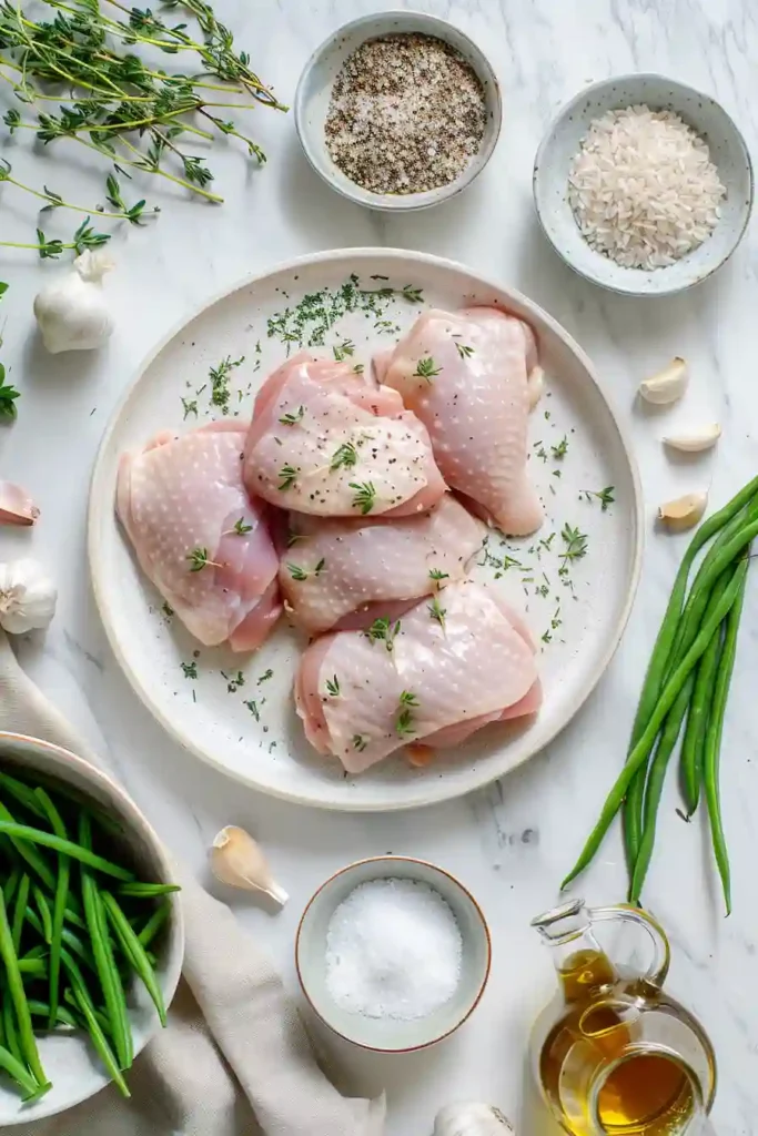 Plated garlic thyme chicken with rice and crisp green beans.