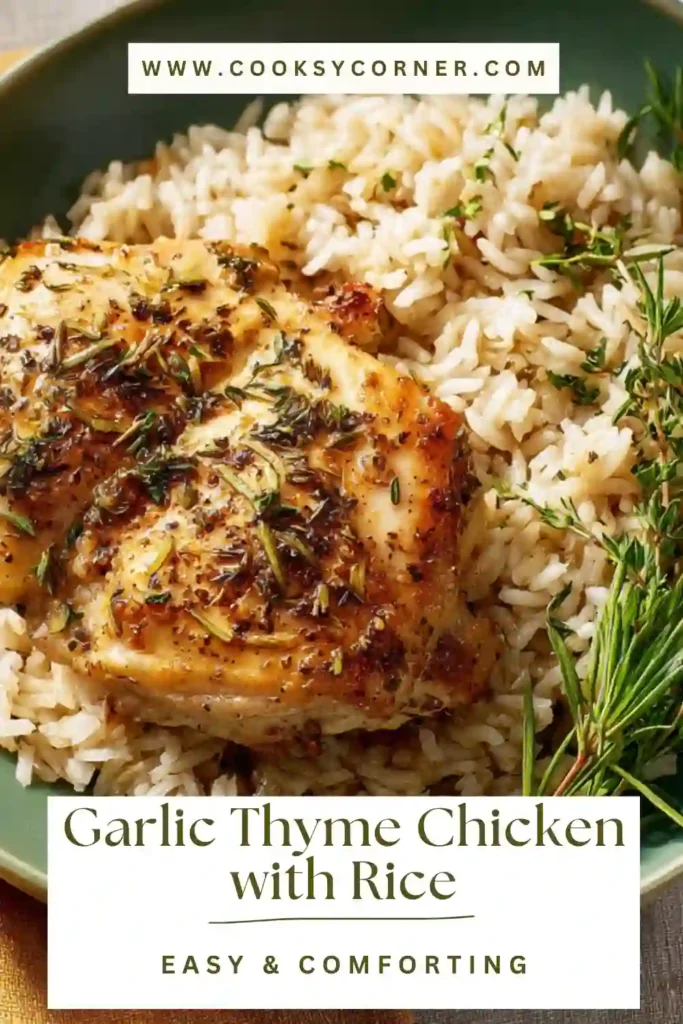 Garlic thyme chicken served with green beans and brown rice on a plate.