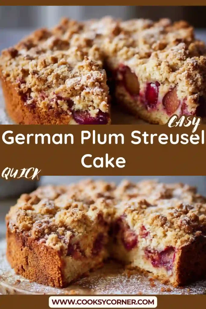 Sliced German plum cake showing soft texture and golden topping.