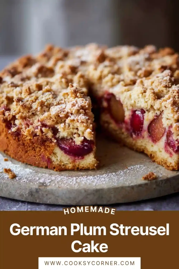 German plum streusel cake with fresh plums and crumb topping in a round pan.