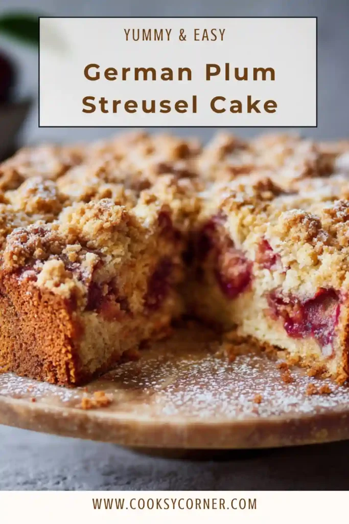 Close-up of plum crumb cake with cinnamon streusel and juicy fruit filling.