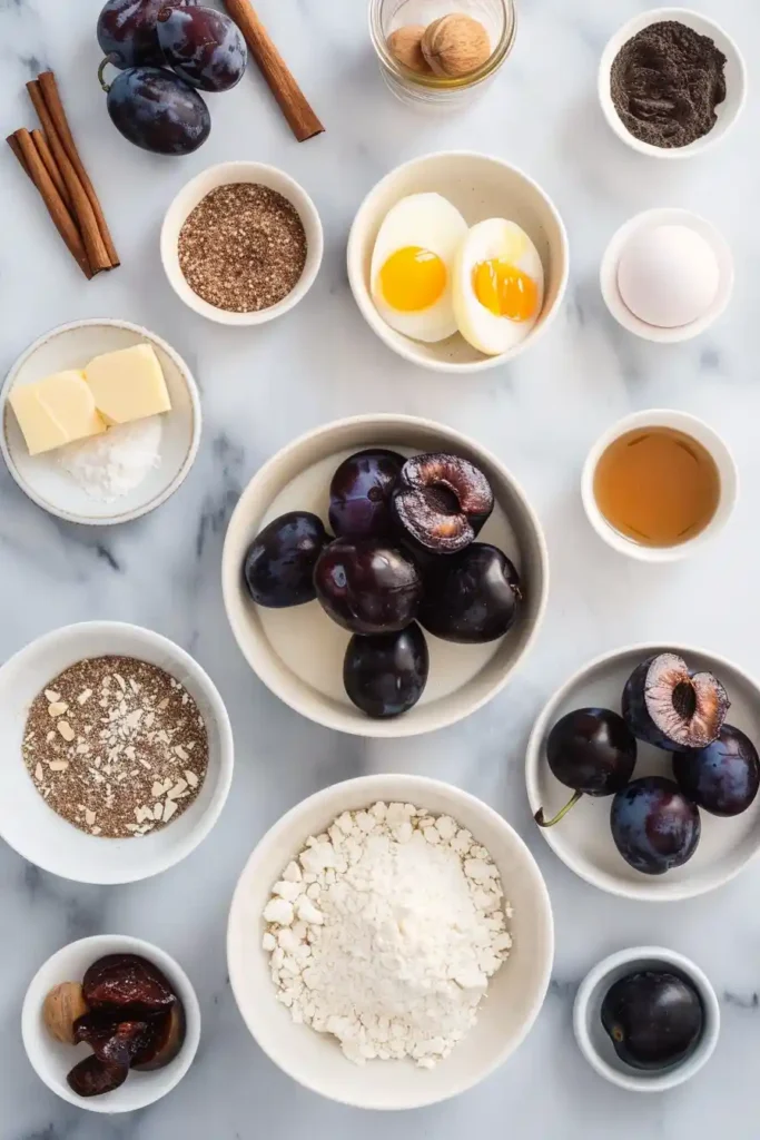 Homemade plum streusel cake with powdered sugar and rustic presentation.