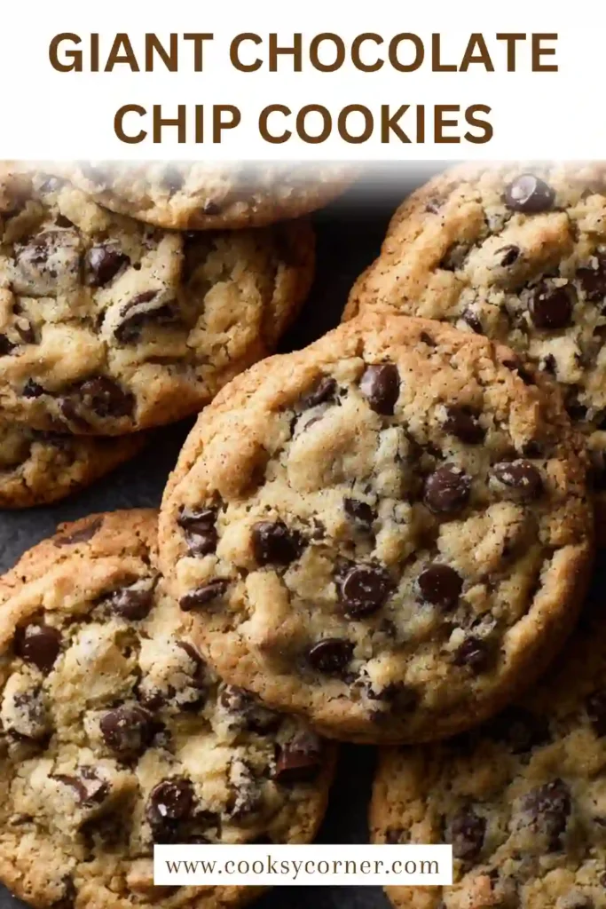 Homemade giant chocolate chip cookies stacked with visible chocolate chunks.