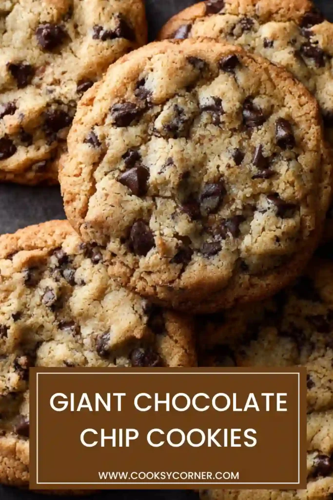 Giant chocolate chip cookies with gooey centers and melted chocolate chips on top.