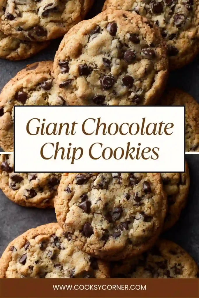 Close-up of thick bakery-style chocolate chip cookies with crispy edges and soft centers.