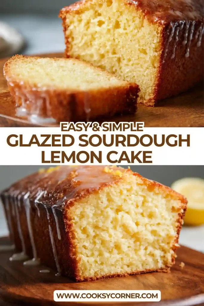 Slice of lemon loaf cake with sourdough discard and citrus glaze.