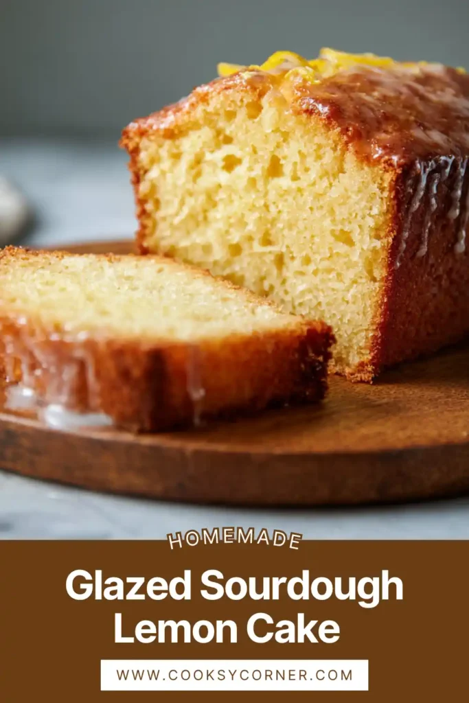Glazed sourdough lemon cake with shiny lemon glaze and soft crumb.