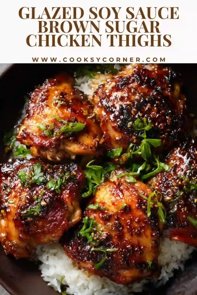 Juicy oven-baked chicken thighs with a thick, sweet and savory glaze made from soy sauce and brown sugar.