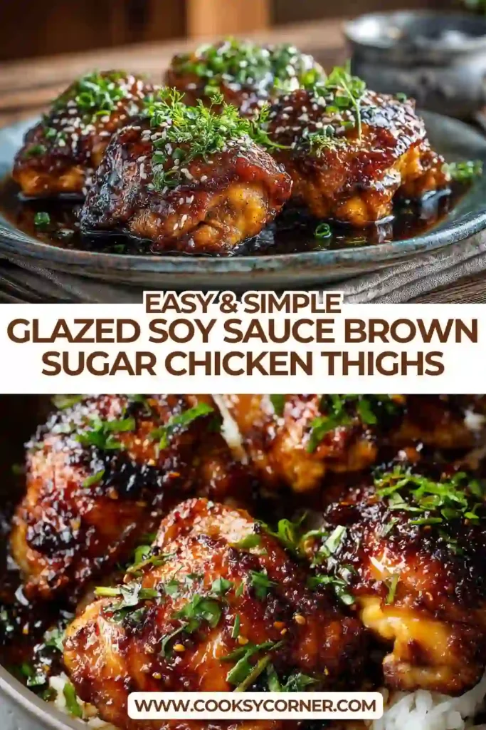 Close-up of baked chicken thighs coated in rich soy sauce and brown sugar glaze, served hot with sauce drizzled on top.