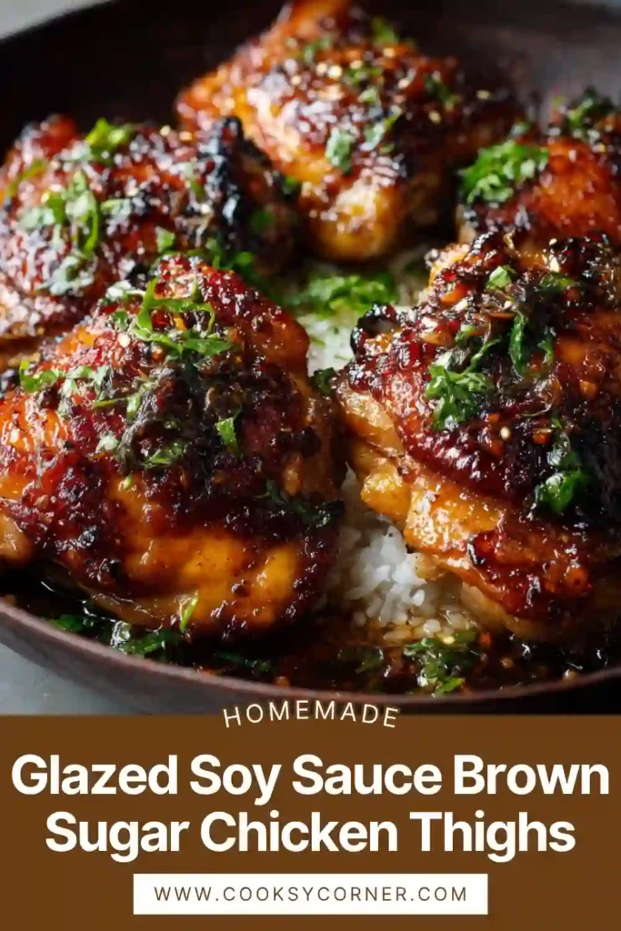 Glazed soy sauce brown sugar chicken thighs baked until caramelized with a sticky, glossy coating and golden crispy skin.