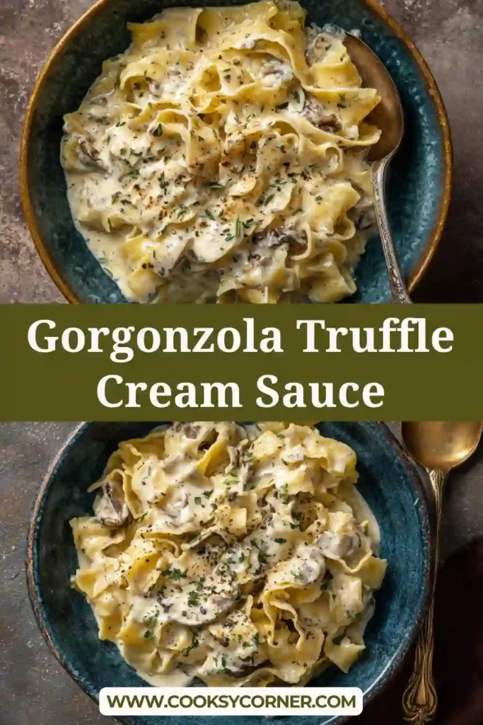 Gorgonzola truffle cream sauce with mushrooms served over pasta.