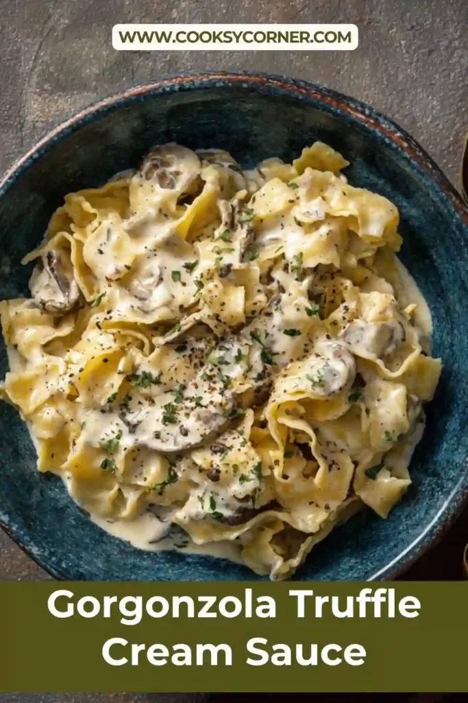 Close-up of creamy pasta sauce with mushrooms and cheese.