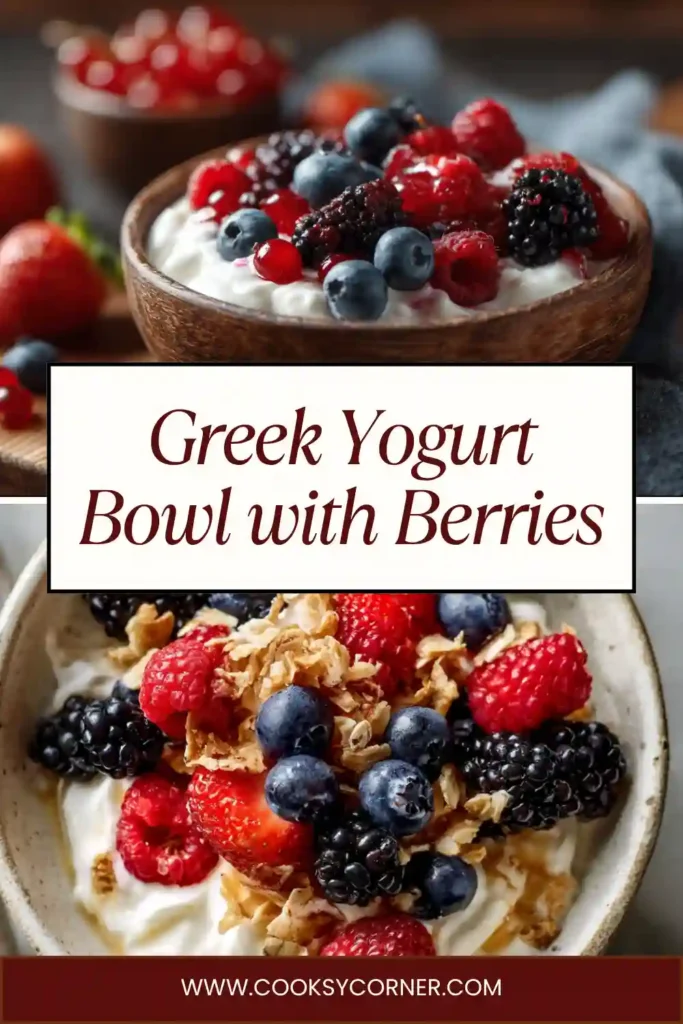 Close-up of a Greek yogurt bowl topped with mixed berries and granola. A nutritious and colorful high-protein breakfast idea.