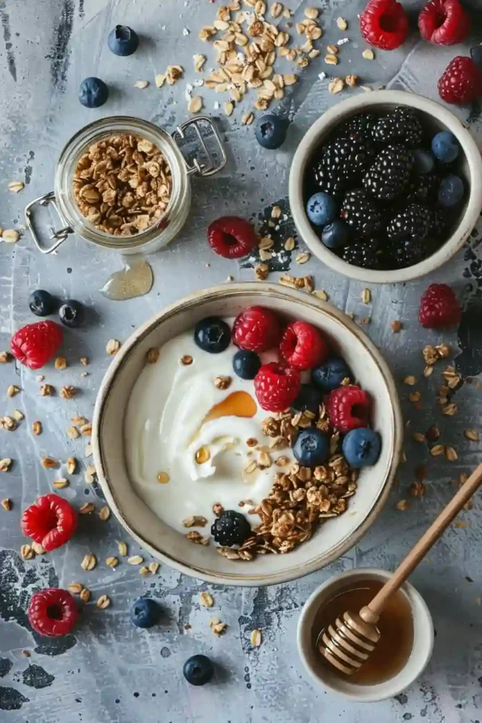 Simple Greek yogurt bowl with berries and granola served fresh. A quick and easy breakfast with natural sweetness.
