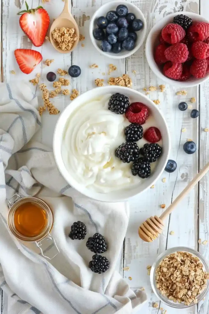 Fresh berry yogurt bowl with granola and honey, perfect for a quick healthy meal.
