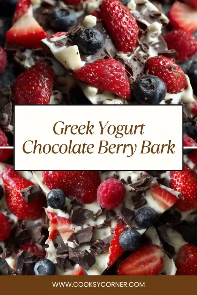 Frozen Greek yogurt bark topped with fresh fruit and chocolate chips on parchment paper.