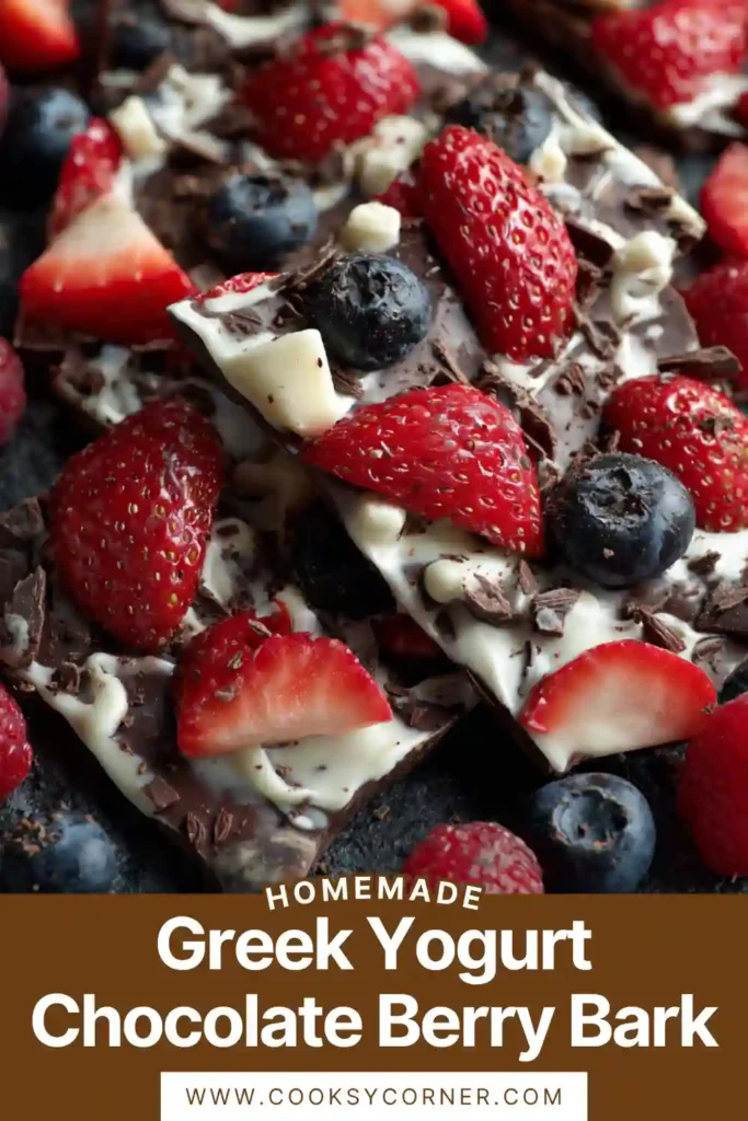 Healthy yogurt bark dessert broken into pieces with visible layers of berries and chocolate.