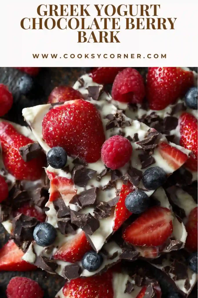 Close-up of frozen yogurt bark showing creamy texture and colorful berries with chocolate pieces.