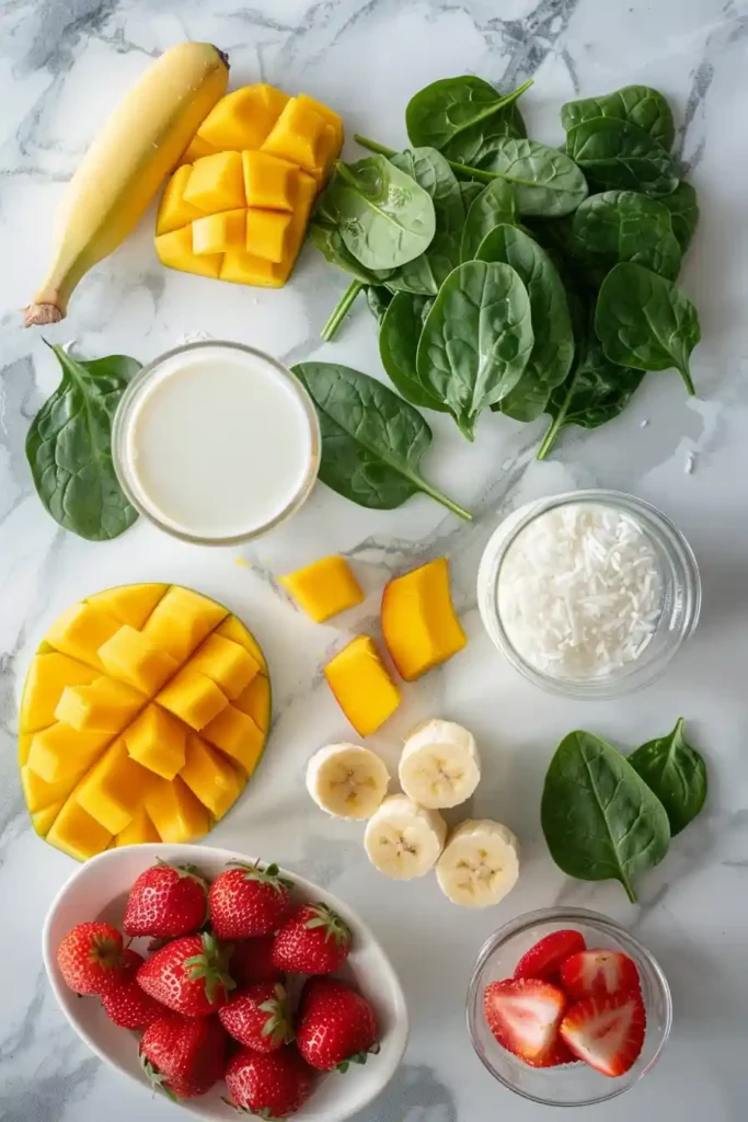 Thick mango spinach smoothie bowl served with coconut flakes and fresh fruit toppings in natural light.