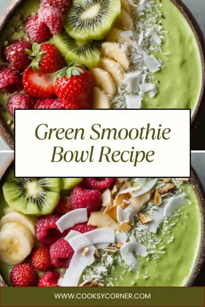 A creamy green smoothie bowl topped with mango, strawberries, and coconut flakes in a white bowl. The texture looks thick and refreshing.