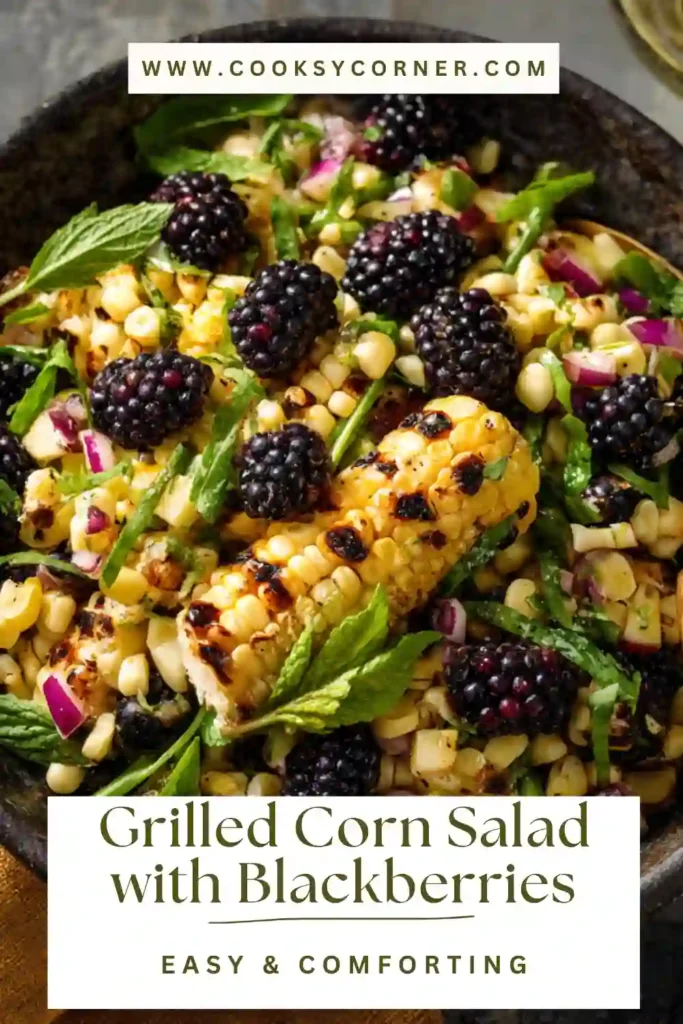 Fresh summer salad featuring grilled corn, avocado cubes, and blackberries in a rustic serving bowl.