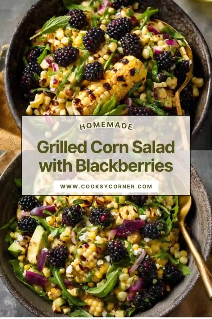 Close-up of grilled corn salad with juicy blackberries and sliced radishes, tossed in a light lime dressing.