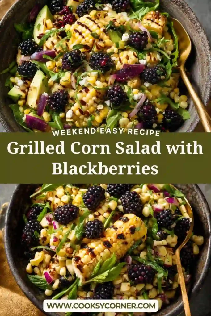 A bowl of grilled corn salad with blackberries, avocado, and fresh greens, showing vibrant summer colors and textures.