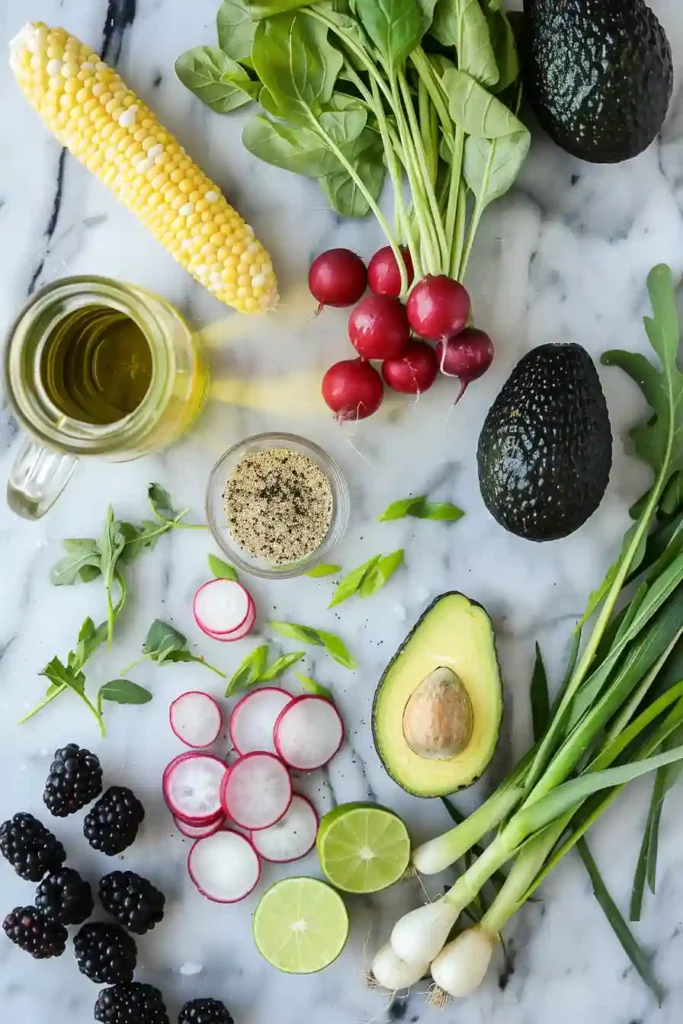 Healthy grilled corn salad with blackberries and greens, styled for a bright and fresh food presentation.