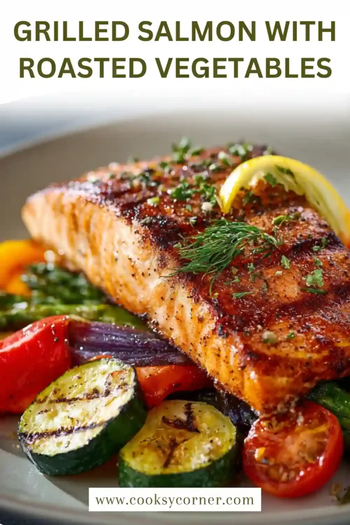 Close-up of salmon fillet with caramelized roasted vegetables and lemon.