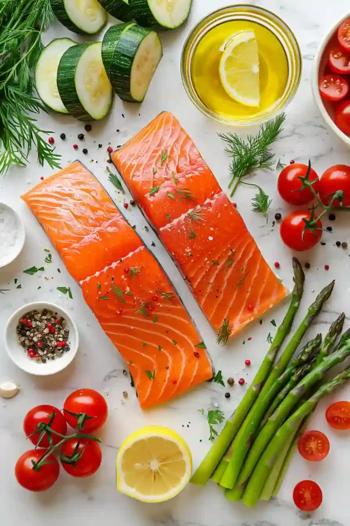 Balanced meal of grilled salmon and colorful roasted vegetables.
