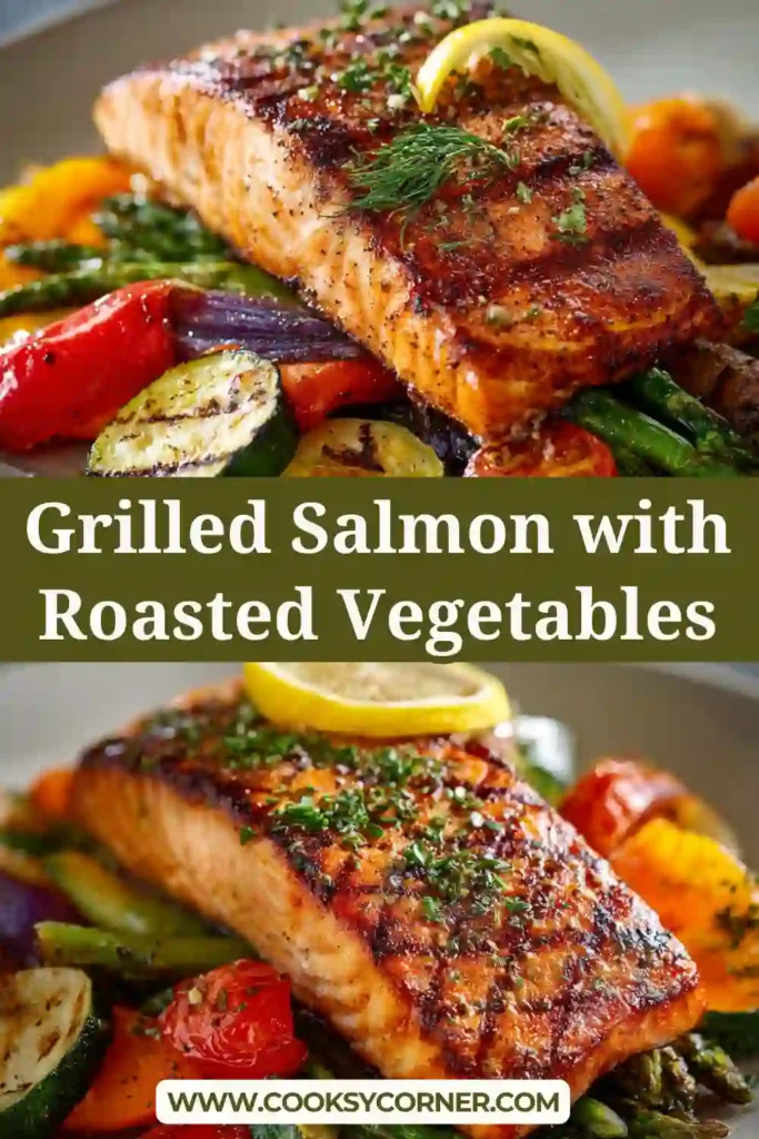 Healthy grilled salmon with roasted vegetables and fresh herbs garnish.