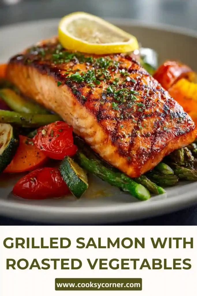 Grilled salmon served with roasted zucchini, bell peppers, and asparagus on a plate.