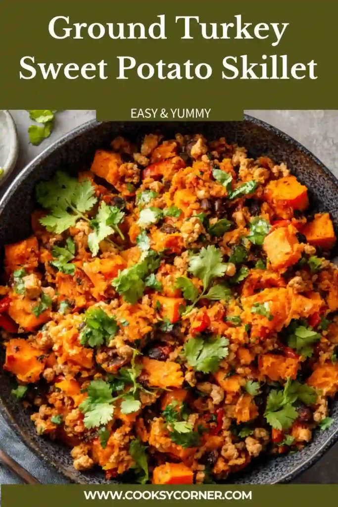 One pan turkey dinner featuring sweet potatoes, black beans, and seasoned ground turkey garnished with avocado.