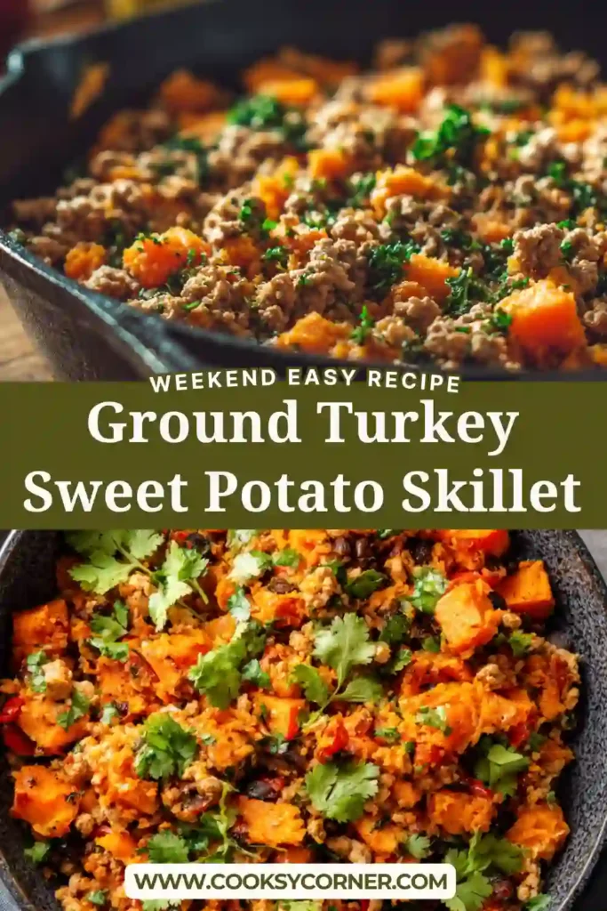 Close-up of a healthy turkey skillet with diced sweet potatoes, ground turkey, and melted cheese in a cast iron pan.