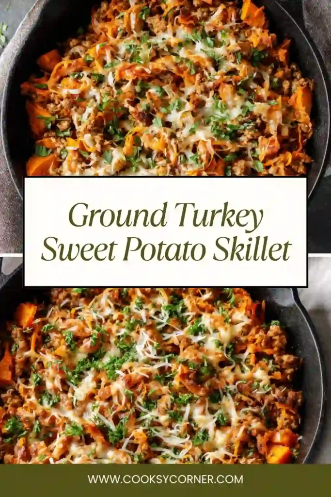 Overhead view of Ground Turkey Sweet Potato Skillet with vibrant vegetables and herbs in a one-pan meal.