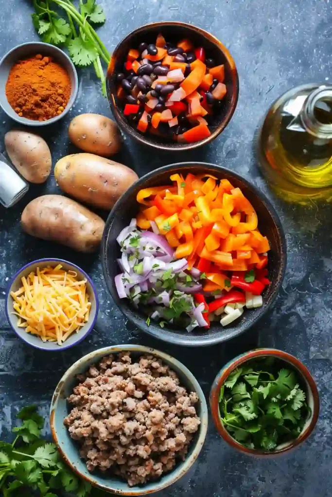 Overhead view of sweet potato turkey recipe in a skillet with vibrant vegetables and melted cheese.