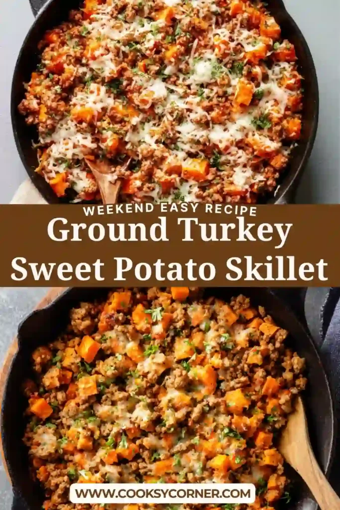 Close-up of a Ground Turkey Sweet Potato Skillet showing tender sweet potatoes, browned turkey, and melted mozzarella cheese.