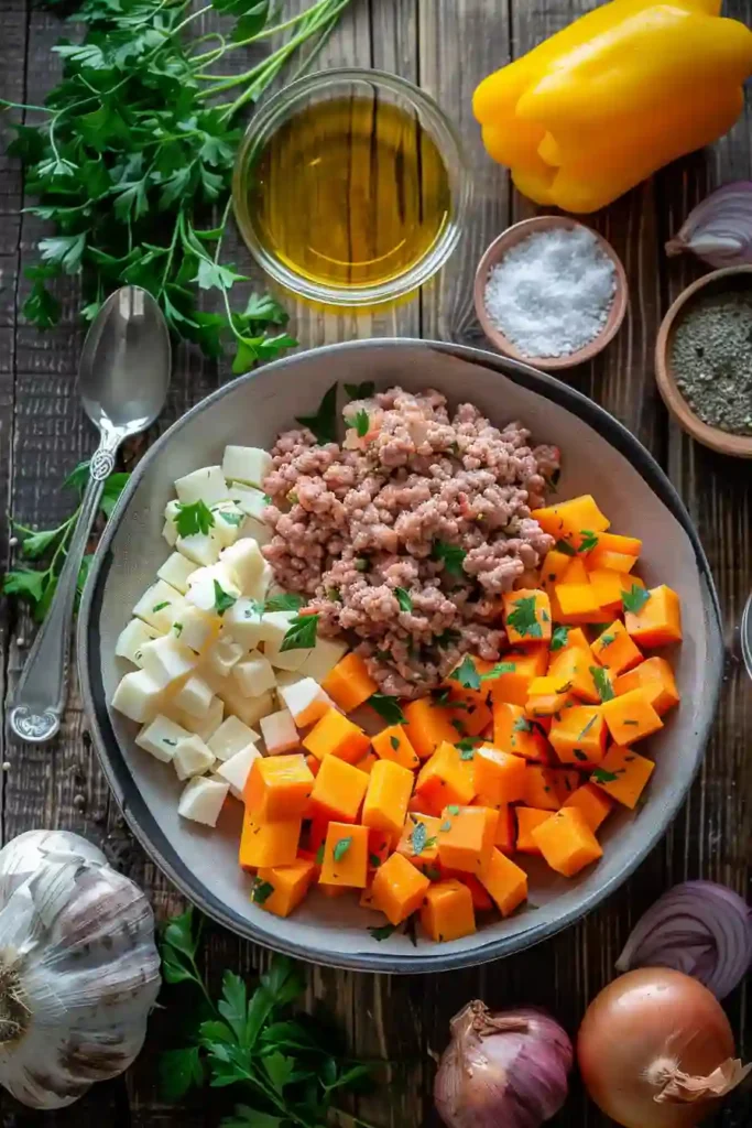 Freshly cooked turkey and sweet potato skillet garnished with parsley in a warm, home-style presentation.