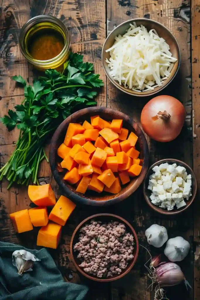 One pan turkey sweet potato skillet recipe freshly baked with melted cheese and golden edges.