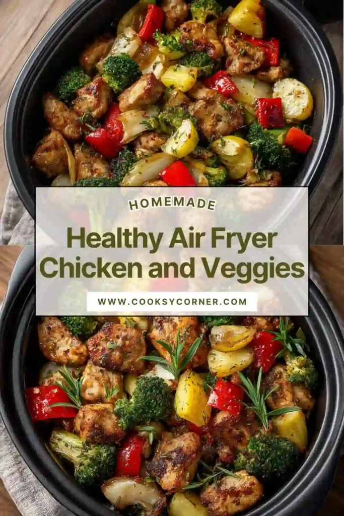 Close-up of air fryer chicken with mixed vegetables showing charred edges and vibrant colors. A nutritious and easy meal.