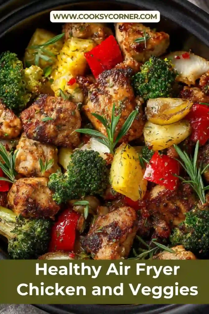 Cooked chicken and vegetables in an air fryer basket with crispy edges and seasoning visible. Healthy homemade dish.