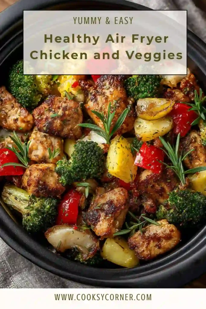 Healthy air fryer chicken and veggies with broccoli, zucchini, and bell peppers in a bowl. The chicken is golden and perfectly cooked.