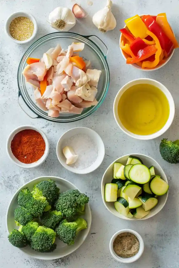 Bowl of chicken breast pieces and roasted vegetables prepared in the air fryer. Colorful and balanced meal.
