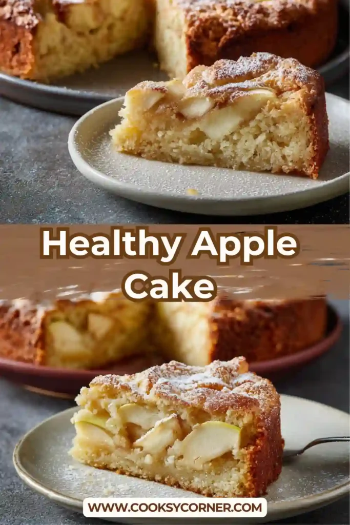 Overhead view of a homemade Healthy Apple Cake with golden edges and powdered sugar dusting.