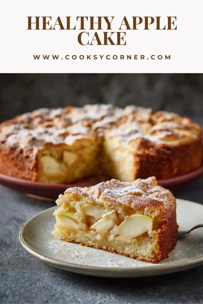 A moist Healthy Apple Cake topped with thinly sliced apples and powdered sugar on a rustic plate.