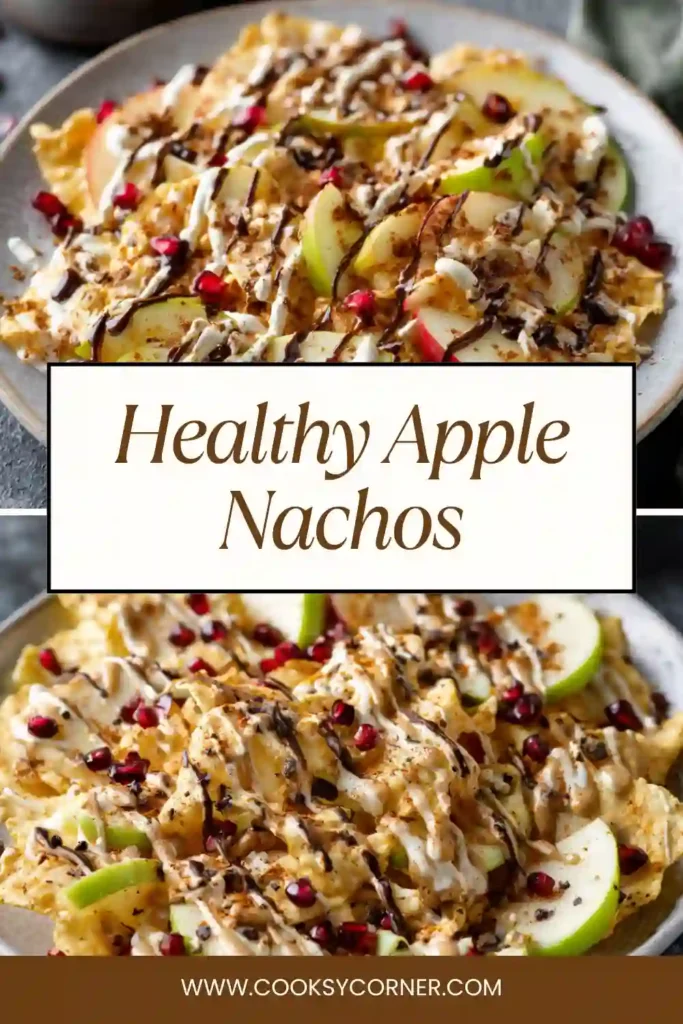 Healthy apple nachos with nut butter drizzle and chocolate chips on a plate. Fresh and colorful snack.