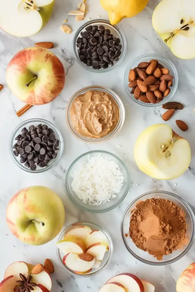 Fresh apple slices arranged with nut butter and toppings. Simple no-bake treat.