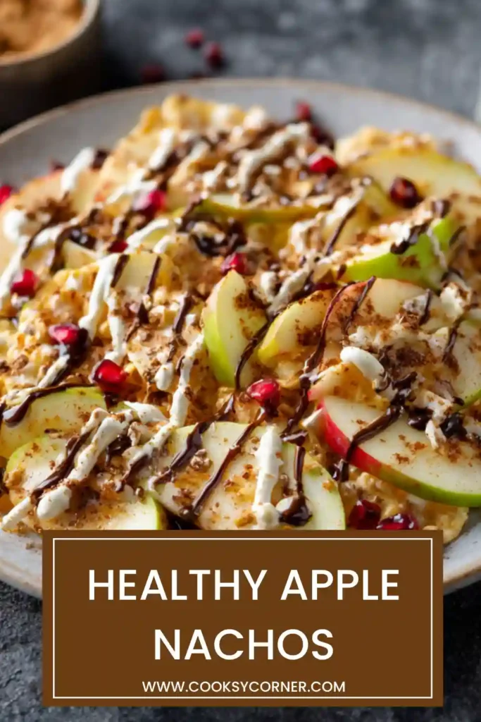 Plate of apple nachos with various toppings and cinnamon sprinkle. Nutritious snack idea.