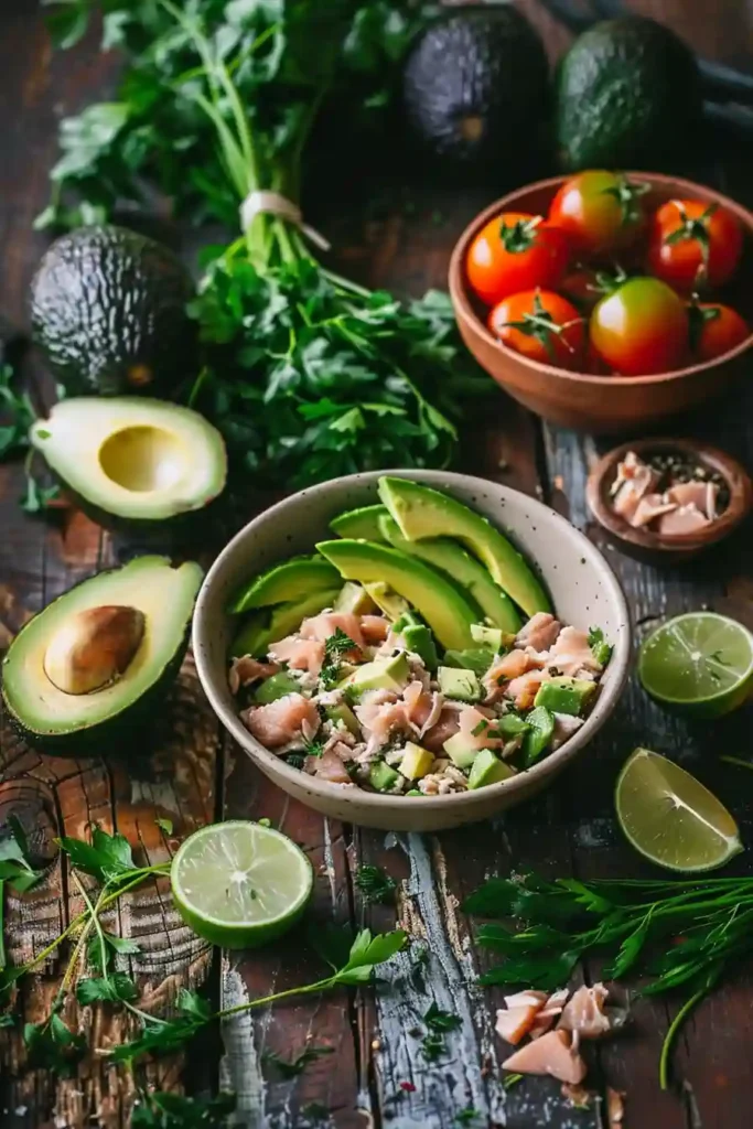 Homemade avocado tuna salad with fresh ingredients, including lime, cilantro, and diced vegetables, ready to serve.