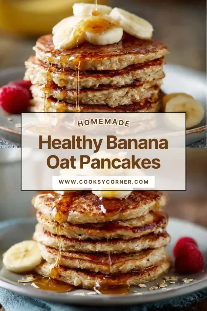 Healthy banana oat pancakes stacked with fresh fruit and maple syrup.